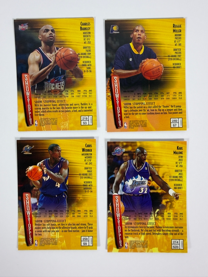 (4) 1997-98 Topps Finest Showstoppers NBA Basketball Trading Cards with Protective Coatings Featuring Charles Barkley, Reggie Miller, Chris Webber and Karl Malone [Photo 6]