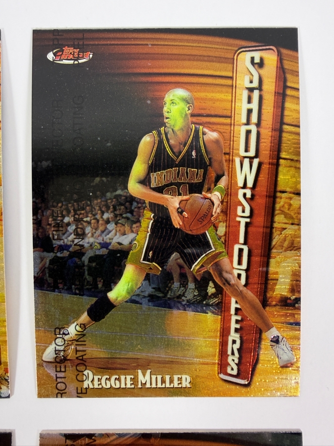 (4) 1997-98 Topps Finest Showstoppers NBA Basketball Trading Cards with Protective Coatings Featuring Charles Barkley, Reggie Miller, Chris Webber and Karl Malone [Photo 3]