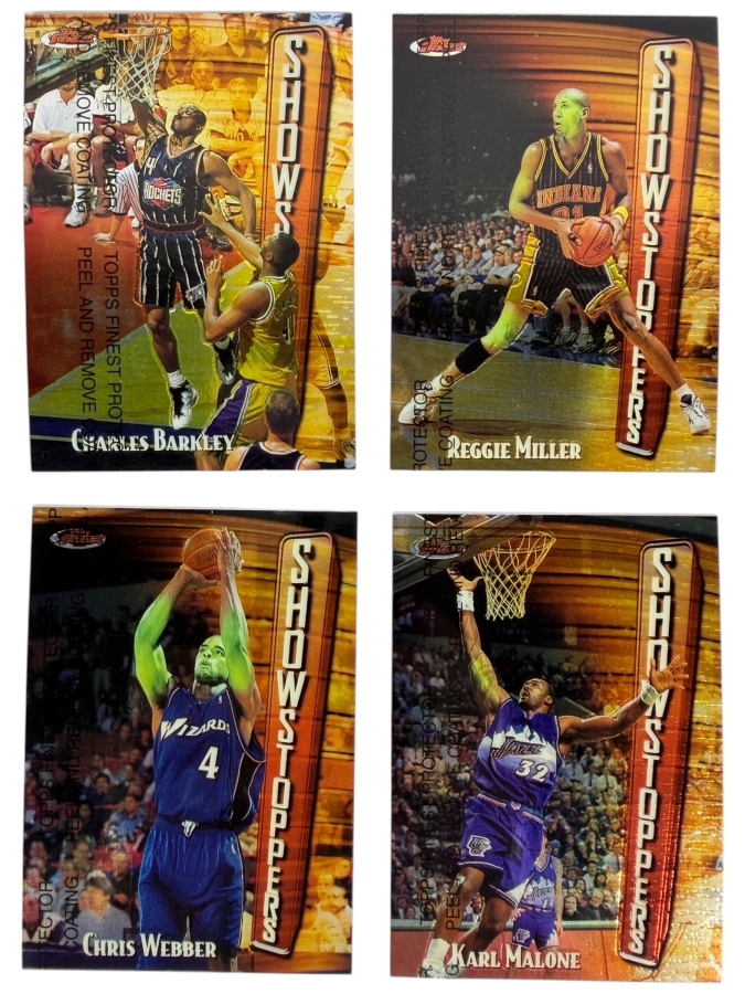 (4) 1997-98 Topps Finest Showstoppers NBA Basketball Trading Cards with Protective Coatings Featuring Charles Barkley, Reggie Miller, Chris Webber and Karl Malone