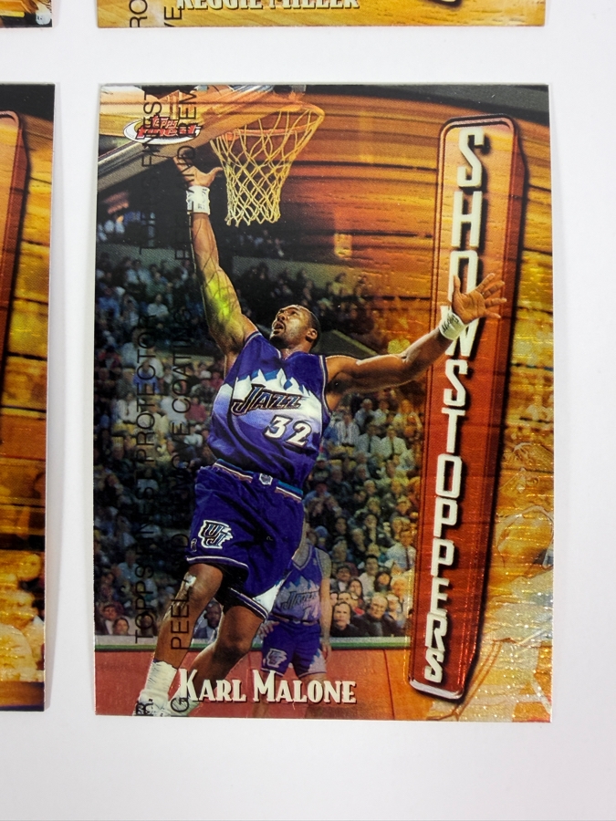 (4) 1997-98 Topps Finest Showstoppers NBA Basketball Trading Cards with Protective Coatings Featuring Charles Barkley, Reggie Miller, Chris Webber and Karl Malone [Photo 5]