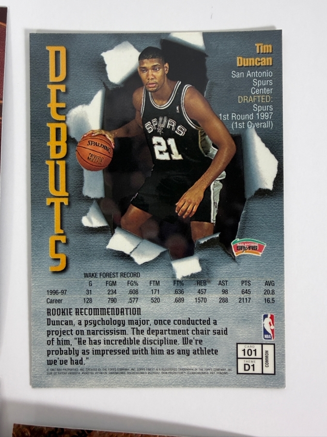 (6) 1997-98 Topps Finest NBA Basketball Trading Cards with Protective Coatings Featuring Tim Duncan's Rookie Card [Photo 6]