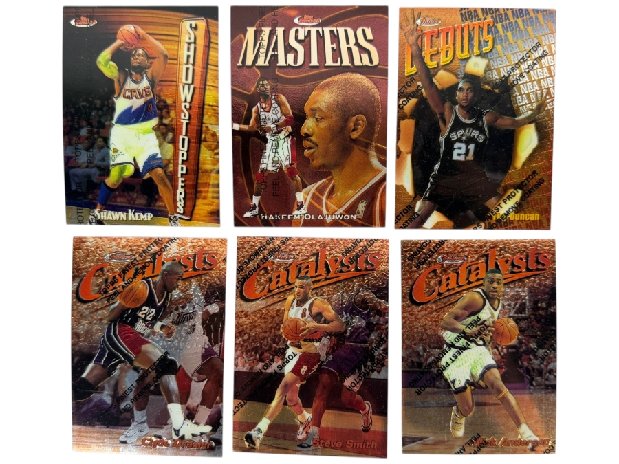 (6) 1997-98 Topps Finest NBA Basketball Trading Cards with Protective Coatings Featuring Tim Duncan's Rookie Card