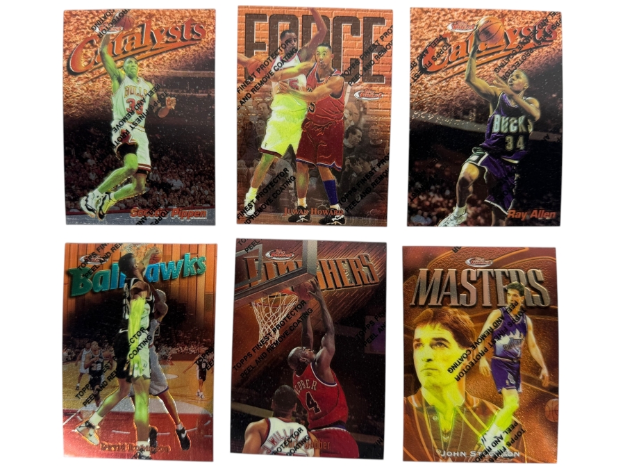 (6) 1997-98 Topps Finest NBA Basketball Trading Cards with Protective Coatings Featuring Scottie Pippen, Juwan Howard, Ray Allen, David Robinson, Chris Webber and John Stockton