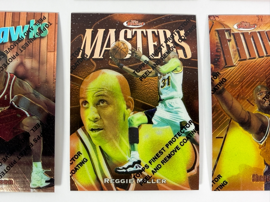 (6) 1997-98 Topps Finest NBA Basketball Trading Cards with Protective Coatings Featuring Grant Hill, Dominque Wilkins, Hakeem Olajuwon, Allen Iverson, Reggie Miller and Shaquille O'Neal [Photo 3]