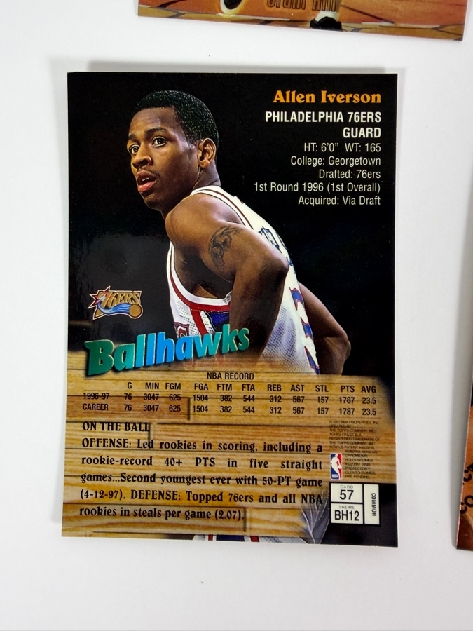 (6) 1997-98 Topps Finest NBA Basketball Trading Cards with Protective Coatings Featuring Grant Hill, Dominque Wilkins, Hakeem Olajuwon, Allen Iverson, Reggie Miller and Shaquille O'Neal [Photo 7]