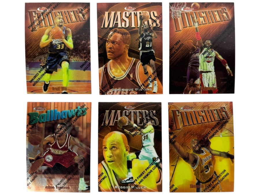 (6) 1997-98 Topps Finest NBA Basketball Trading Cards with Protective Coatings Featuring Grant Hill, Dominque Wilkins, Hakeem Olajuwon, Allen Iverson, Reggie Miller and Shaquille O'Neal