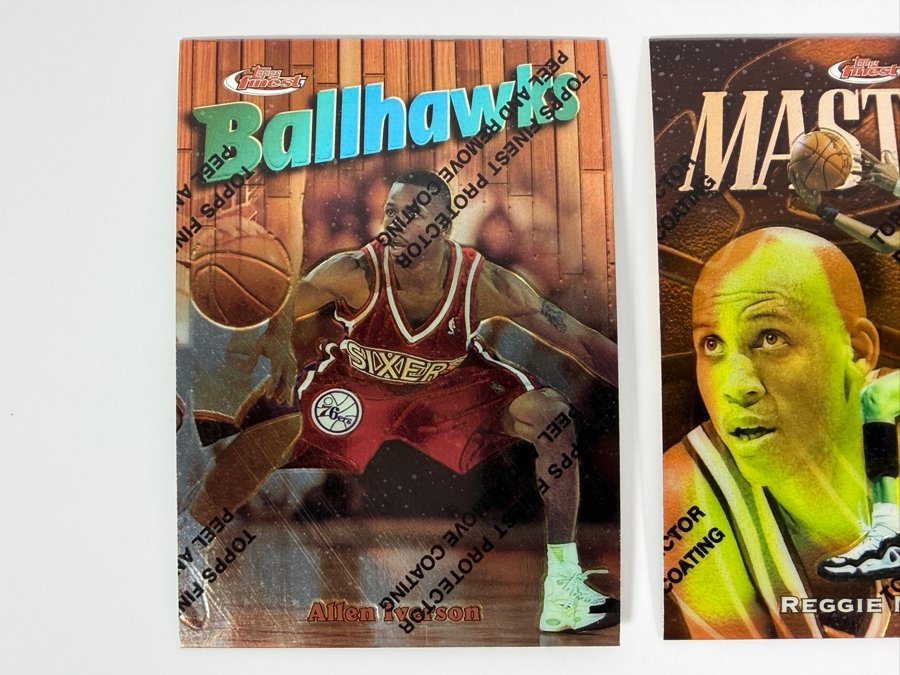 (6) 1997-98 Topps Finest NBA Basketball Trading Cards with Protective Coatings Featuring Grant Hill, Dominque Wilkins, Hakeem Olajuwon, Allen Iverson, Reggie Miller and Shaquille O'Neal [Photo 2]