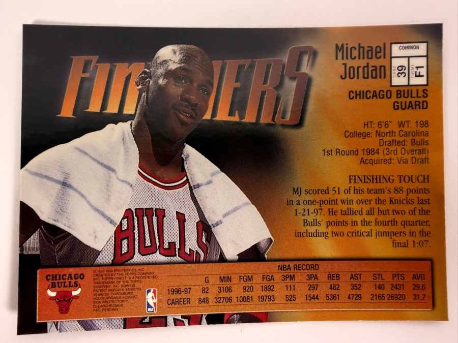 1997-98 Topps Finest NBA Basketball Trading Card Michael Jordan #39 'Finishers' with Protective Coatings [Photo 3]