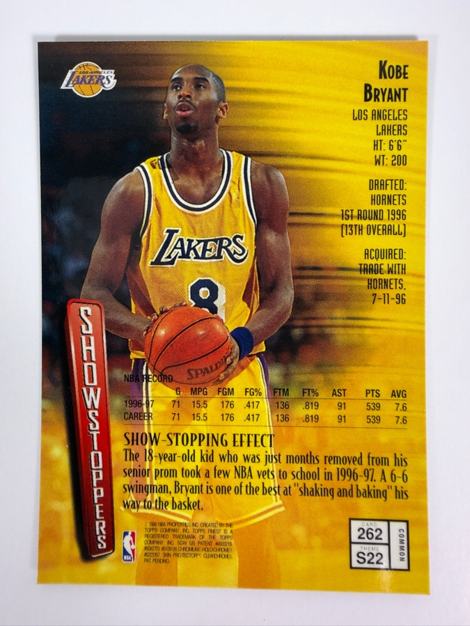 1997-98 Topps Finest NBA Basketball Trading Card Kobe Bryant #262 'Showstoppers' with Protective Coating [Photo 2]