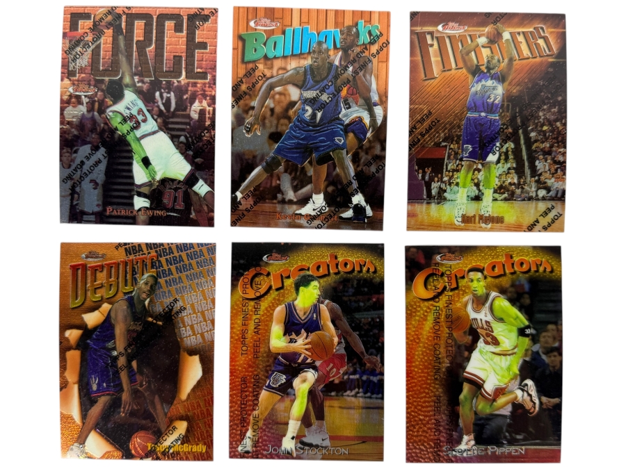 (6) 1997-98 Topps Finest NBA Basketball Trading Cards with Protective Coatings Featuring Patrick Ewing, Kevin Garnet, Karl Malone, Tracy McGrady, John Stockton and Scottie Pippen