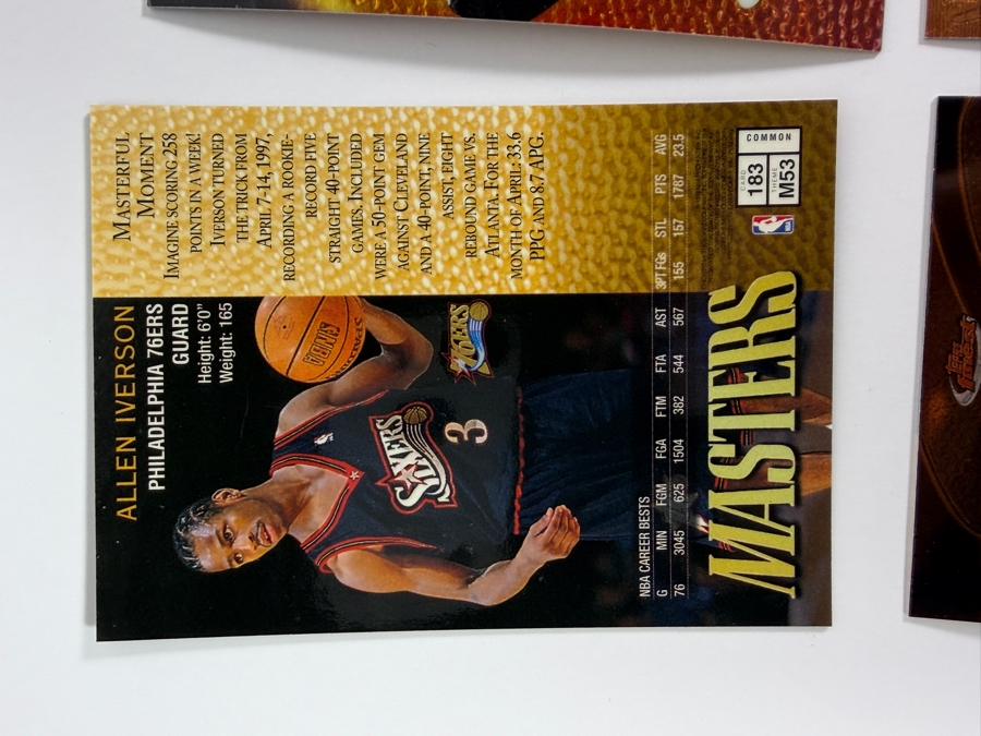 (6) 1997-98 Topps Finest NBA Basketball Trading Cards with Protective Coatings Featuring Allen Iverson, Grant Hill, John Stockton, Hakeem Olajuwon, Tim Duncan Rookie Card and Tracy McGrady [Photo 6]