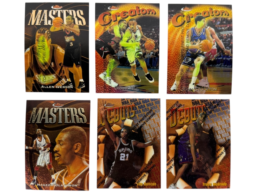 (6) 1997-98 Topps Finest NBA Basketball Trading Cards with Protective Coatings Featuring Allen Iverson, Grant Hill, John Stockton, Hakeem Olajuwon, Tim Duncan Rookie Card and Tracy McGrady