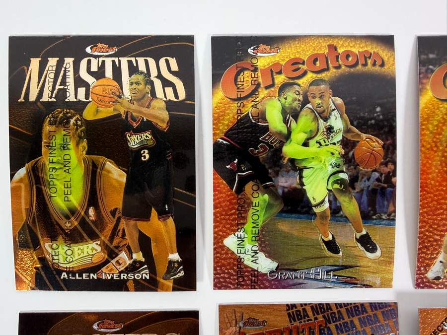 (6) 1997-98 Topps Finest NBA Basketball Trading Cards with Protective Coatings Featuring Allen Iverson, Grant Hill, John Stockton, Hakeem Olajuwon, Tim Duncan Rookie Card and Tracy McGrady [Photo 2]