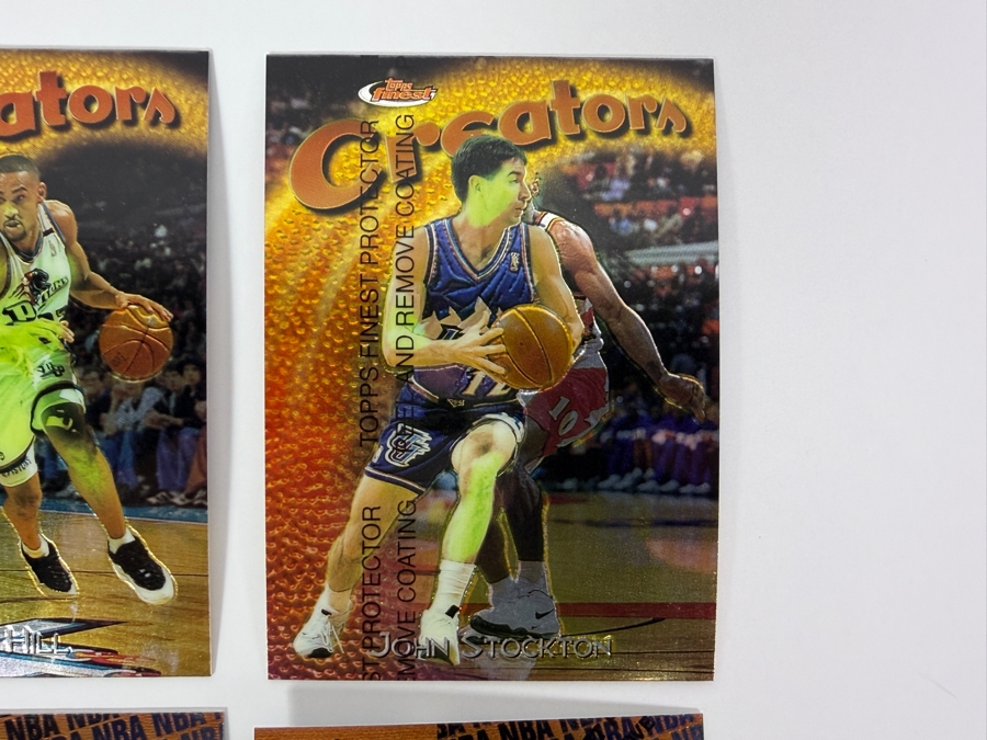 (6) 1997-98 Topps Finest NBA Basketball Trading Cards with Protective Coatings Featuring Allen Iverson, Grant Hill, John Stockton, Hakeem Olajuwon, Tim Duncan Rookie Card and Tracy McGrady [Photo 3]