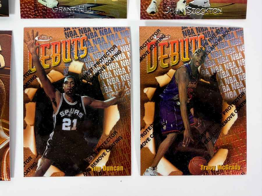 (6) 1997-98 Topps Finest NBA Basketball Trading Cards with Protective Coatings Featuring Allen Iverson, Grant Hill, John Stockton, Hakeem Olajuwon, Tim Duncan Rookie Card and Tracy McGrady [Photo 4]