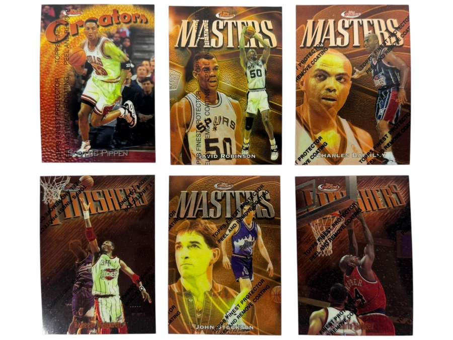 (6) 1997-98 Topps Finest NBA Basketball Trading Cards with Protective Coatings Featuring Scottie Pippen, David Robinson, Charles Barkley, Hakeem Olajuwon, John Stockton and Chris Webber