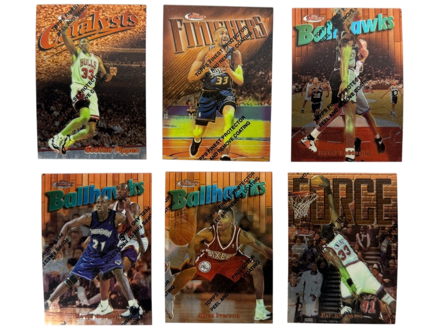 (6) 1997-98 Topps Finest NBA Basketball Trading Cards with Protective Coatings Featuring Scottie Pippen, Grant Hill, David Robinson, Kevin Garnett, Allen Iverson and Patrick Ewing