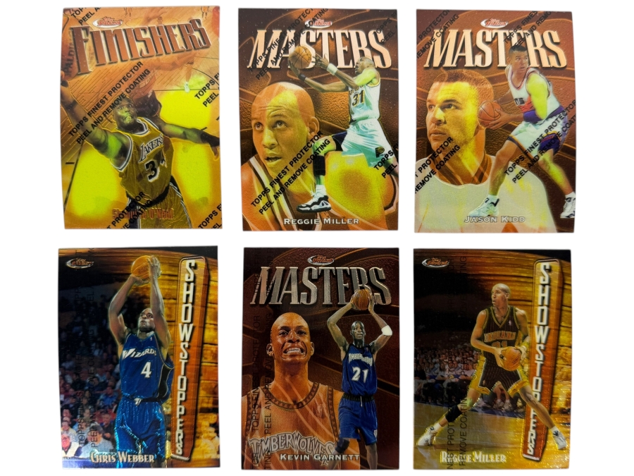 (6) 1997-98 Topps Finest NBA Basketball Trading Cards with Protective Coatings Featuring Shaquille O'Neal, Reggie Miller, Jason Kidd, Chris Webber, Kevin Garnett and Reggie Miller