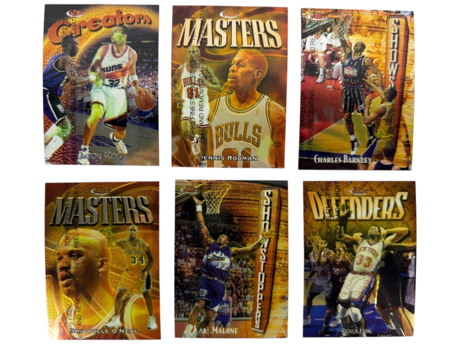 (6) 1997-98 Topps Finest NBA Basketball Trading Cards with Protective Coatings Featuring Jason Kidd, Dennis Rodman, Charles Barkley, Shaquille O'Neal, Karl Malone and Patrick Ewing