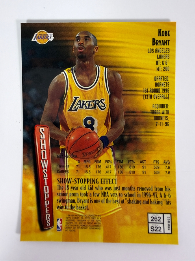 1997-98 Topps Finest NBA Basketball Trading Card Kobe Bryant #262 'Showstoppers' with Protective Coating [Photo 2]