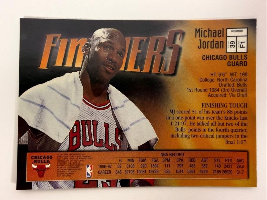 1997-98 Topps Finest NBA Basketball Trading Card Michael Jordan #39 'Finishers' with Protective Coatings [Photo 2]