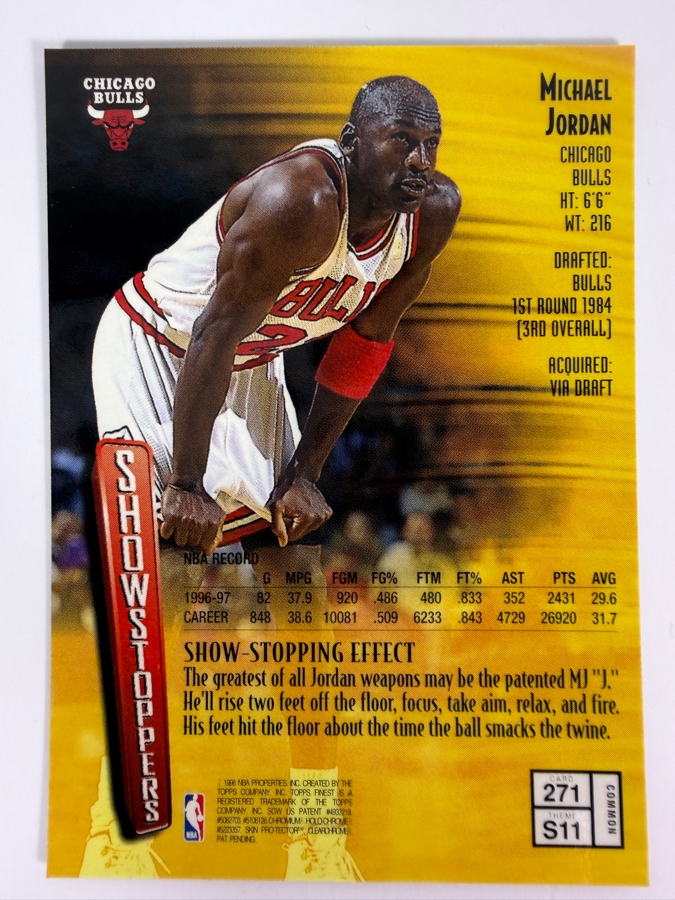1997-98 Topps Finest NBA Basketball Trading Card Michael Jordan #271 'Showstoppers' with Protective Coating Estimate $2,000 [Photo 2]