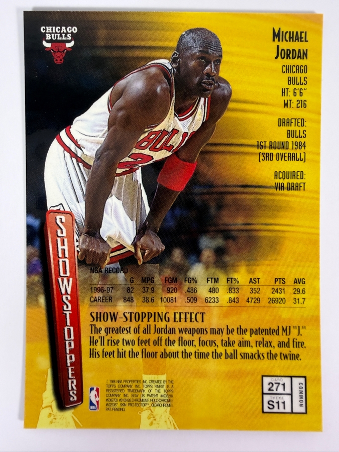 1997-98 Topps Finest NBA Basketball Trading Card Michael Jordan #271 'Showstoppers' with Protective Coating Estimate $2,000 [Photo 3]
