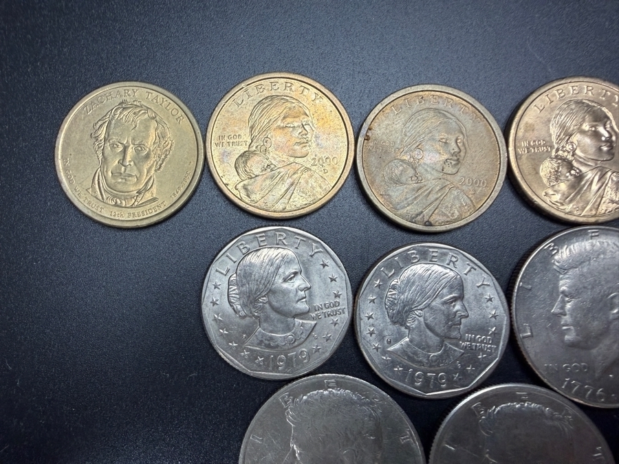 (9) Kennedy Half Dollars, (4) Susan B. Anthony One-Dollar Coins, (6) Sacagawea One-Dollar Coins and (1) 2009 Zachary Taylor Presidential $1 Coin [Photo 4]