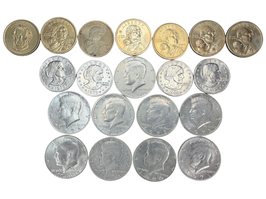 (9) Kennedy Half Dollars, (4) Susan B. Anthony One-Dollar Coins, (6) Sacagawea One-Dollar Coins and (1) 2009 Zachary Taylor Presidential $1 Coin