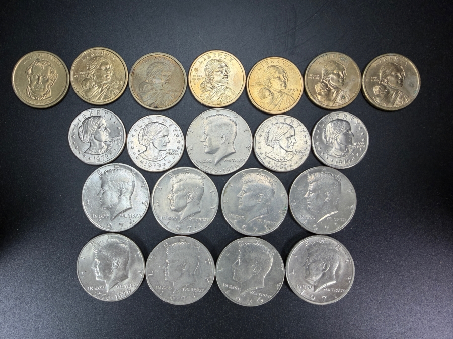 (9) Kennedy Half Dollars, (4) Susan B. Anthony One-Dollar Coins, (6) Sacagawea One-Dollar Coins and (1) 2009 Zachary Taylor Presidential $1 Coin [Photo 2]