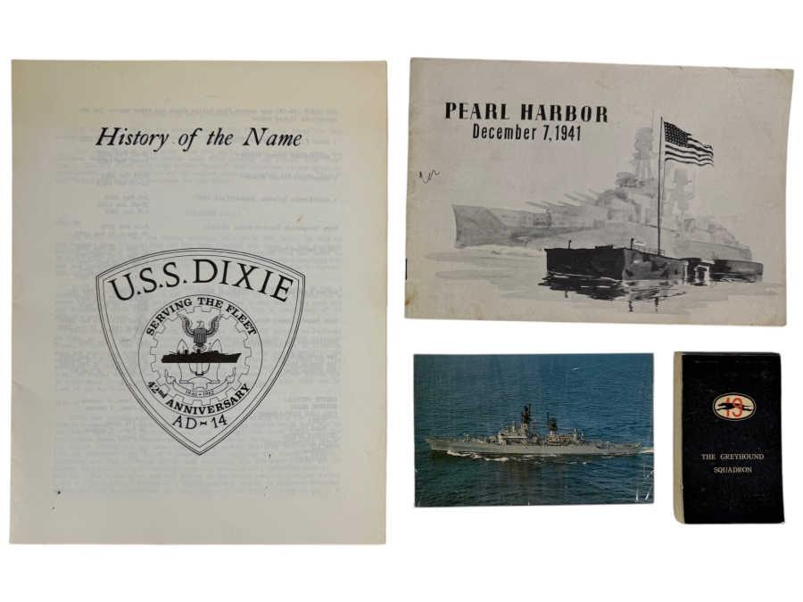 Vintage US Naval Ephemera Including a Pearl Harbor Dec. 7, 1941 Pamphlet, History of the U.S.S. Dixie Ship, Sealed US Navy Ship Postcards and The Greyhound Squadron Notebook
