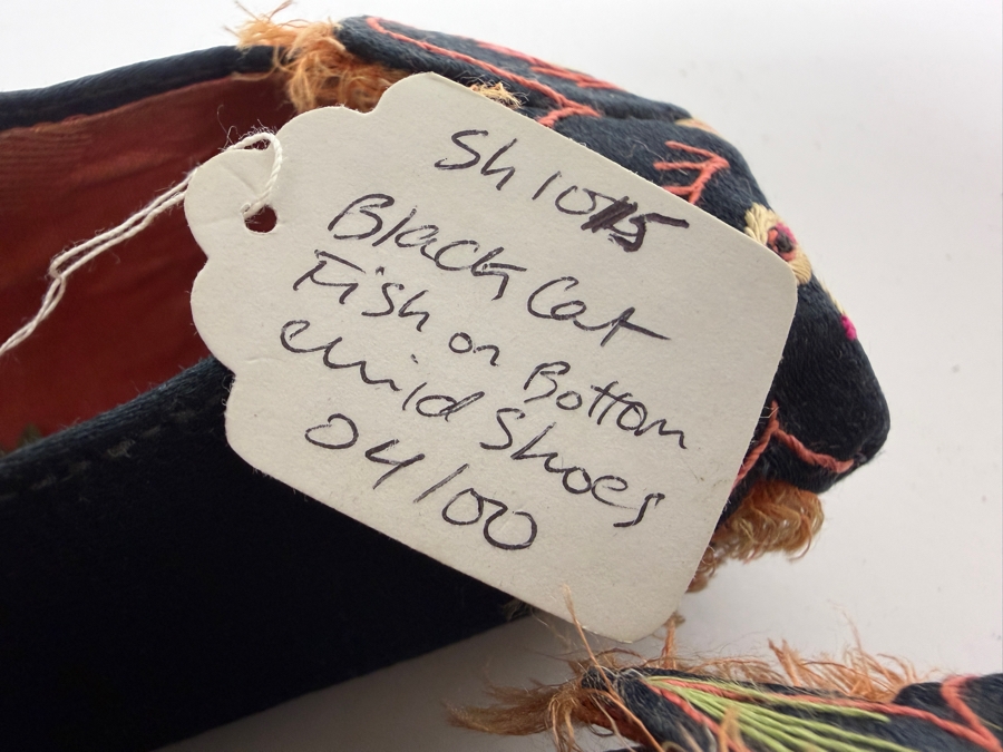 Vintage Pair Of Chinese Handmade Embroidered Silk Children's Shoes with Black Cat and Fish on Bottom 4L [Photo 6]