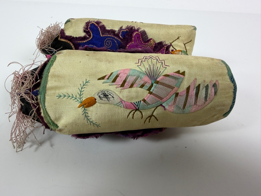 Vintage Pair Of Chinese Handmade Embroidered Silk Children's Shoes with Lion , Cricket and Stork on Bottom 6L [Photo 6]