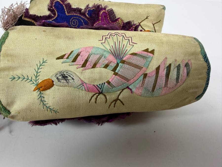 Vintage Pair Of Chinese Handmade Embroidered Silk Children's Shoes with Lion , Cricket and Stork on Bottom 6L [Photo 7]