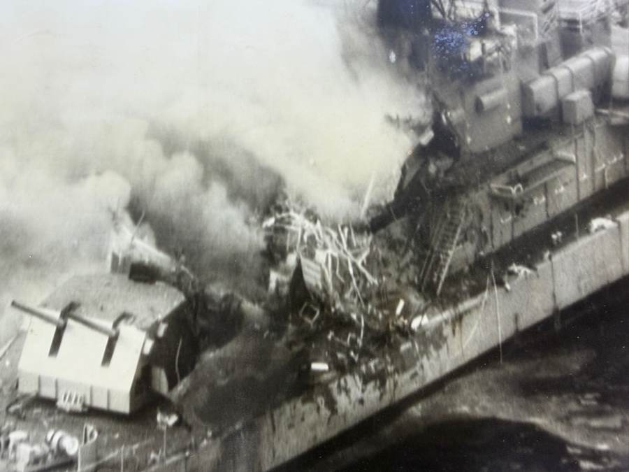 B&W Photograph of a Damaged US Navy Ship Burning at Sea 19.75' X 16' [Photo 3]