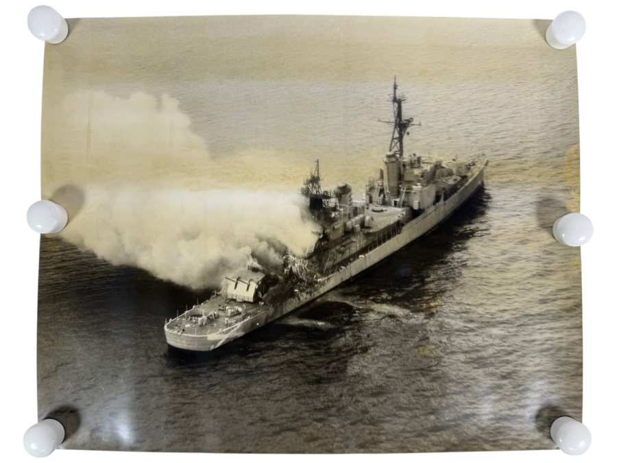 B&W Photograph of a Damaged US Navy Ship Burning at Sea 19.75' X 16' [Photo 2]