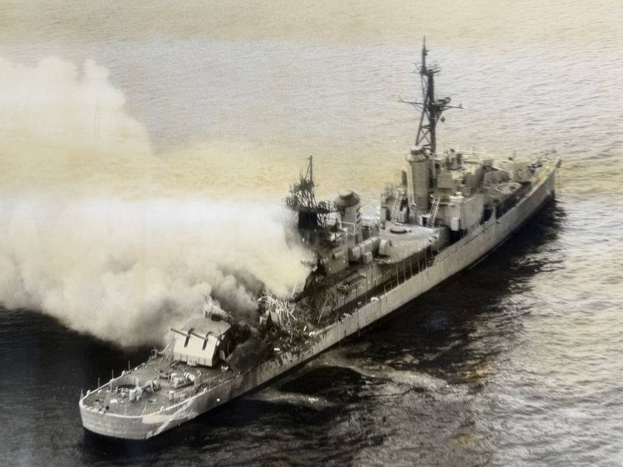 B&W Photograph of a Damaged US Navy Ship Burning at Sea 19.75' X 16'