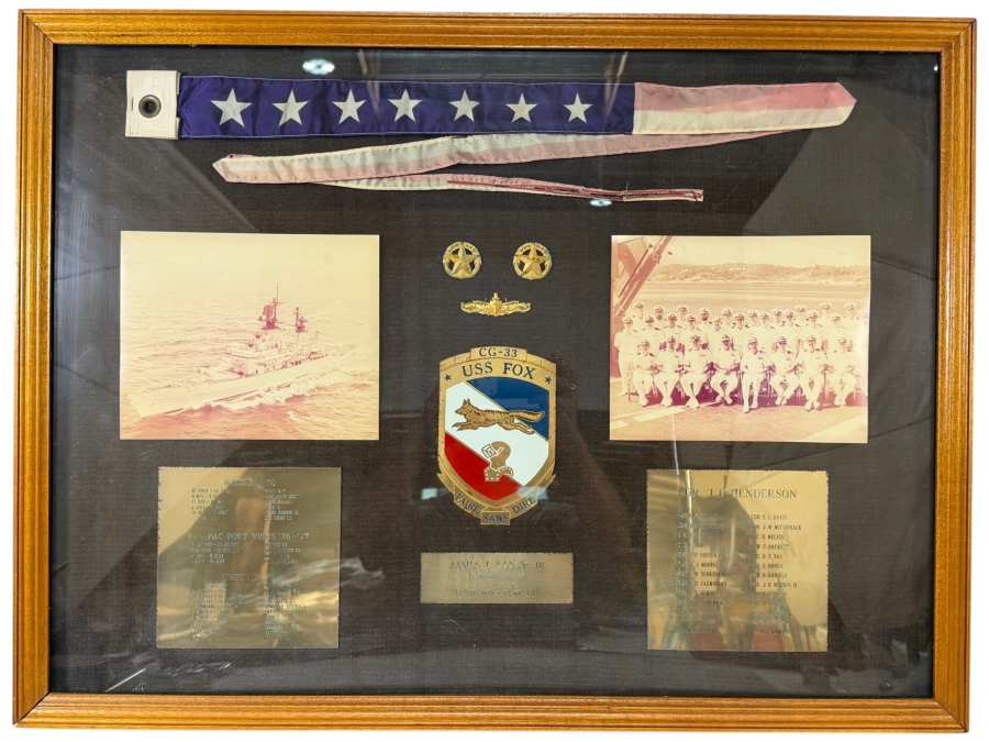 Framed Military Shadow Box Commemorating the Service of James F. Kelly Jr. Commanding Officer of the USS Fox (CG-33) 1976-1978 Featuring a Commissioning Pennant, Photographs of the Ship and Crew and Engraved Brass Plaques 36 X 28