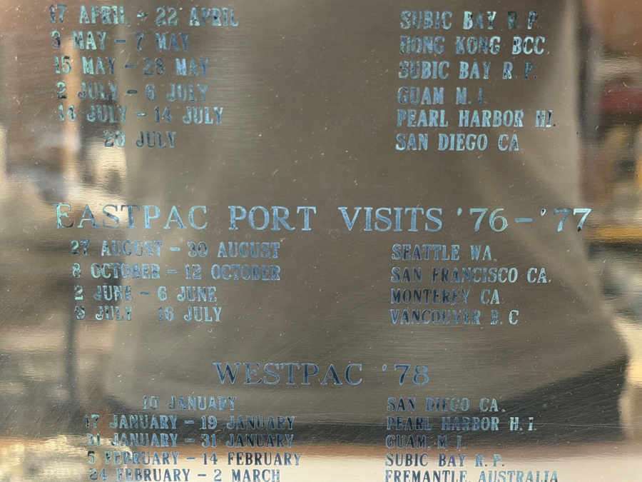 Framed Military Shadow Box Commemorating the Service of James F. Kelly Jr. Commanding Officer of the USS Fox (CG-33) 1976-1978 Featuring a Commissioning Pennant, Photographs of the Ship and Crew and Engraved Brass Plaques 36 X 28 [Photo 10]