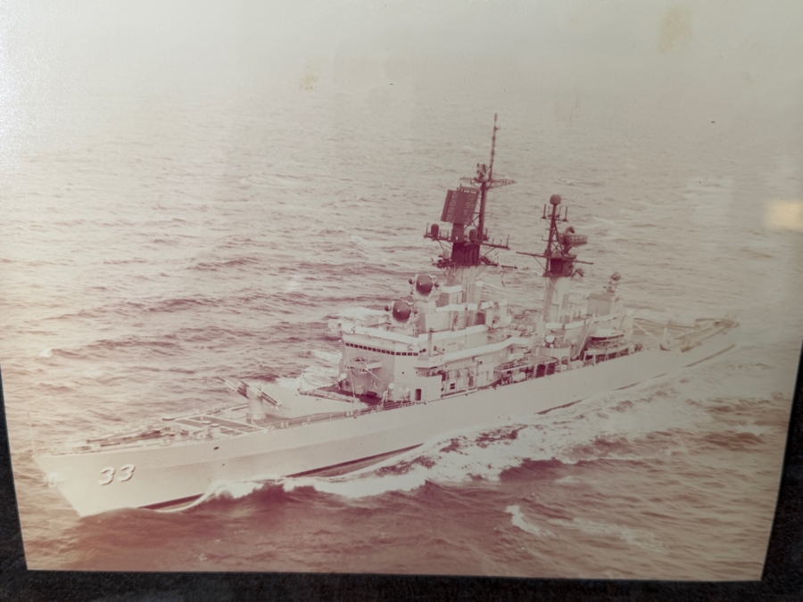 Framed Military Shadow Box Commemorating the Service of James F. Kelly Jr. Commanding Officer of the USS Fox (CG-33) 1976-1978 Featuring a Commissioning Pennant, Photographs of the Ship and Crew and Engraved Brass Plaques 36 X 28 [Photo 8]