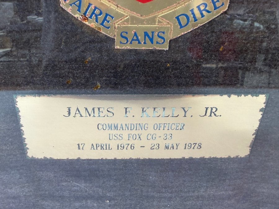 Framed Military Shadow Box Commemorating the Service of James F. Kelly Jr. Commanding Officer of the USS Fox (CG-33) 1976-1978 Featuring a Commissioning Pennant, Photographs of the Ship and Crew and Engraved Brass Plaques 36 X 28 [Photo 3]