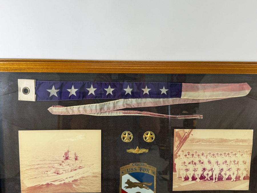 Framed Military Shadow Box Commemorating the Service of James F. Kelly Jr. Commanding Officer of the USS Fox (CG-33) 1976-1978 Featuring a Commissioning Pennant, Photographs of the Ship and Crew and Engraved Brass Plaques 36 X 28 [Photo 5]