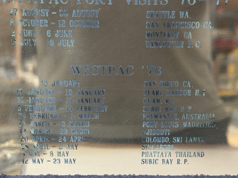 Framed Military Shadow Box Commemorating the Service of James F. Kelly Jr. Commanding Officer of the USS Fox (CG-33) 1976-1978 Featuring a Commissioning Pennant, Photographs of the Ship and Crew and Engraved Brass Plaques 36 X 28 [Photo 11]