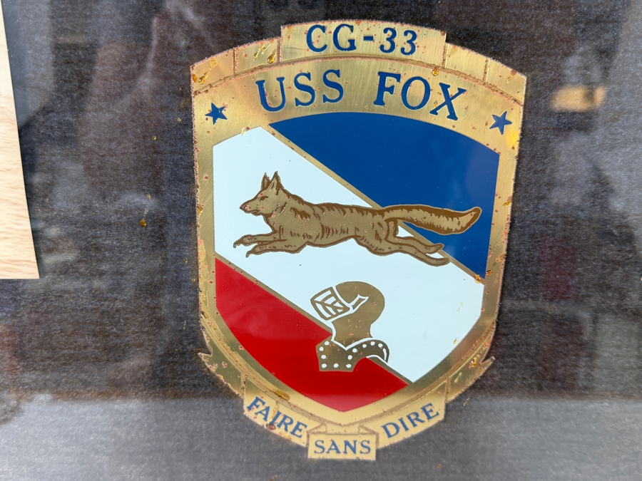 Framed Military Shadow Box Commemorating the Service of James F. Kelly Jr. Commanding Officer of the USS Fox (CG-33) 1976-1978 Featuring a Commissioning Pennant, Photographs of the Ship and Crew and Engraved Brass Plaques 36 X 28 [Photo 2]