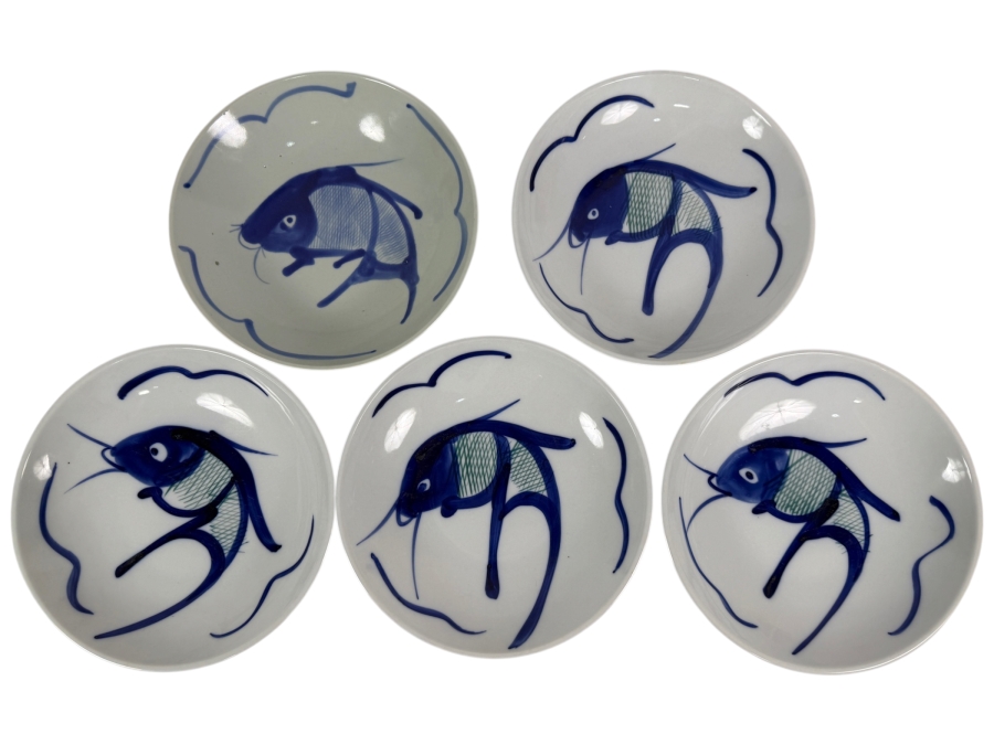 (5) Vintage Chinese Porcelain Bowls with Hand-painted Koi Carp Fish Design 9W