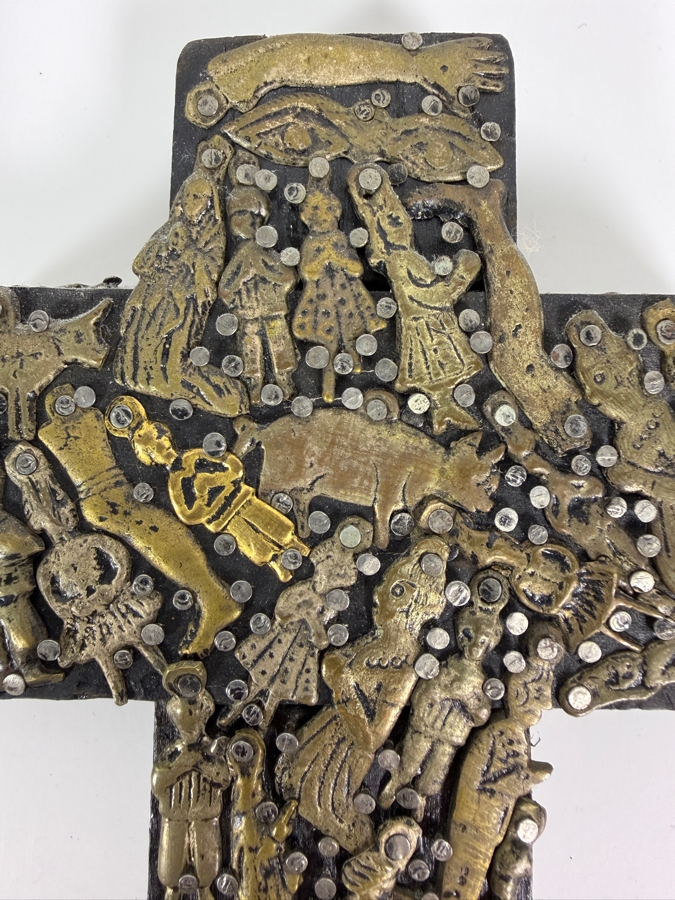 Vintage Mexican Folk Art Milagro Cross with Small Hammered Brass and Bronze Votive Charms 4.25 X 5 [Photo 2]