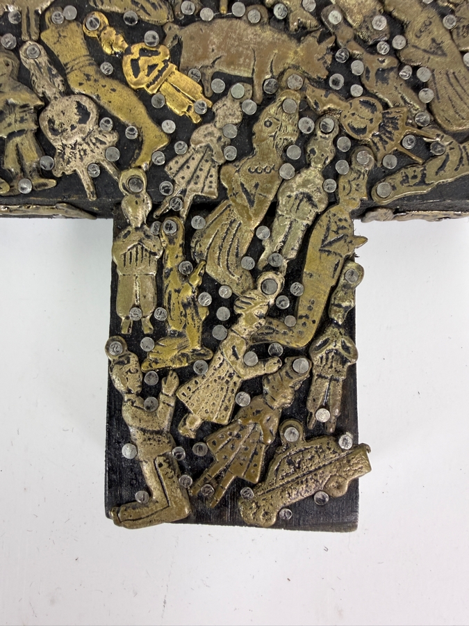 Vintage Mexican Folk Art Milagro Cross with Small Hammered Brass and Bronze Votive Charms 4.25 X 5 [Photo 3]