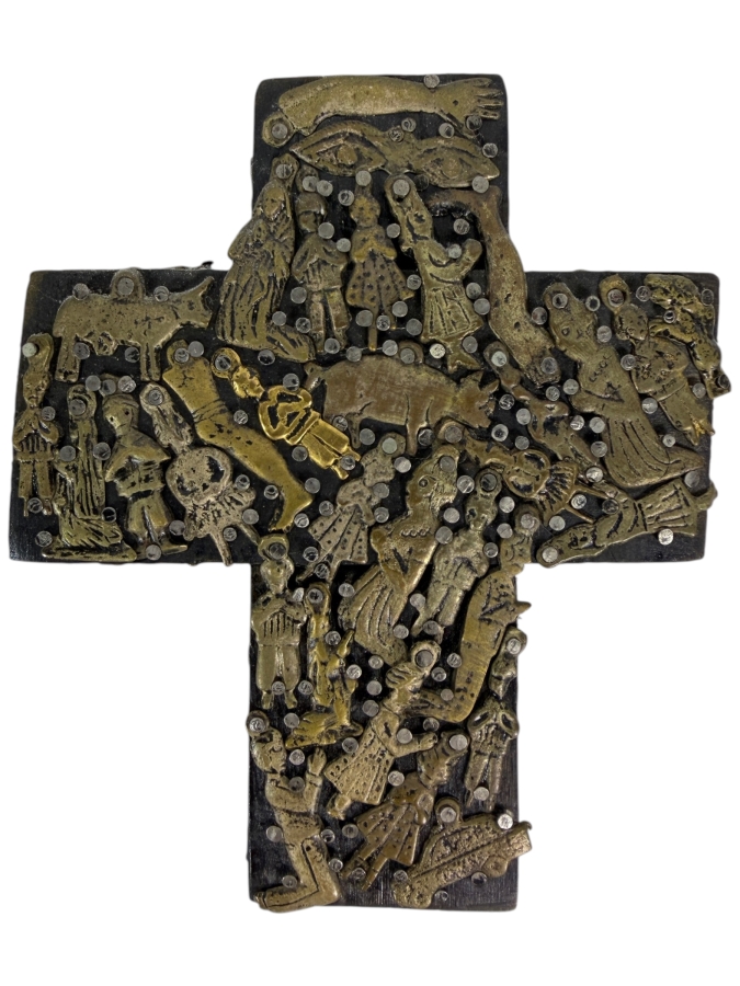 Vintage Mexican Folk Art Milagro Cross with Small Hammered Brass and Bronze Votive Charms 4.25 X 5