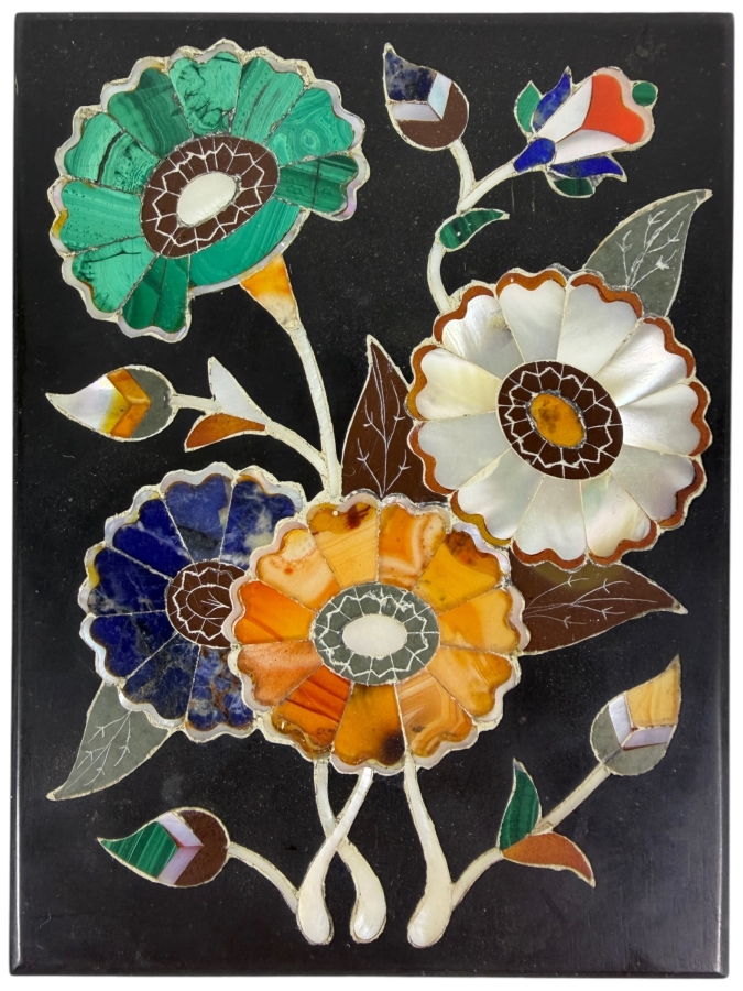 Vintage Indian Pietra Dura Floral Inlaid Semi-Precious Stones Box 4.5W X 3.25D X 1.75H