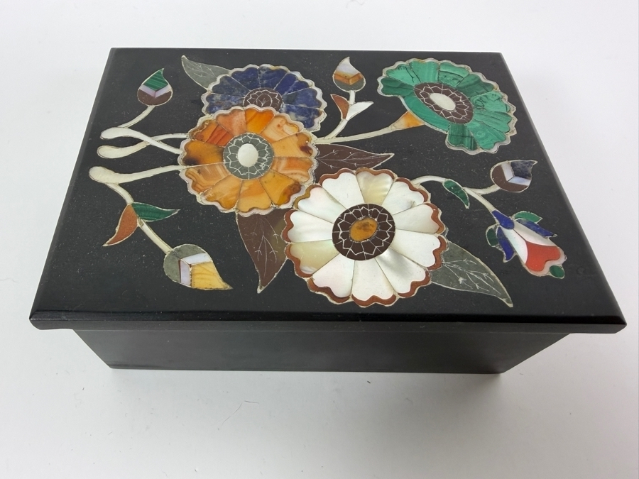 Vintage Indian Pietra Dura Floral Inlaid Semi-Precious Stones Box 4.5W X 3.25D X 1.75H [Photo 2]